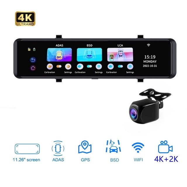 12" 4K Rear View Mirror Dash Cam - Smart Car Camera with ADAS & BSD - Bella's Home